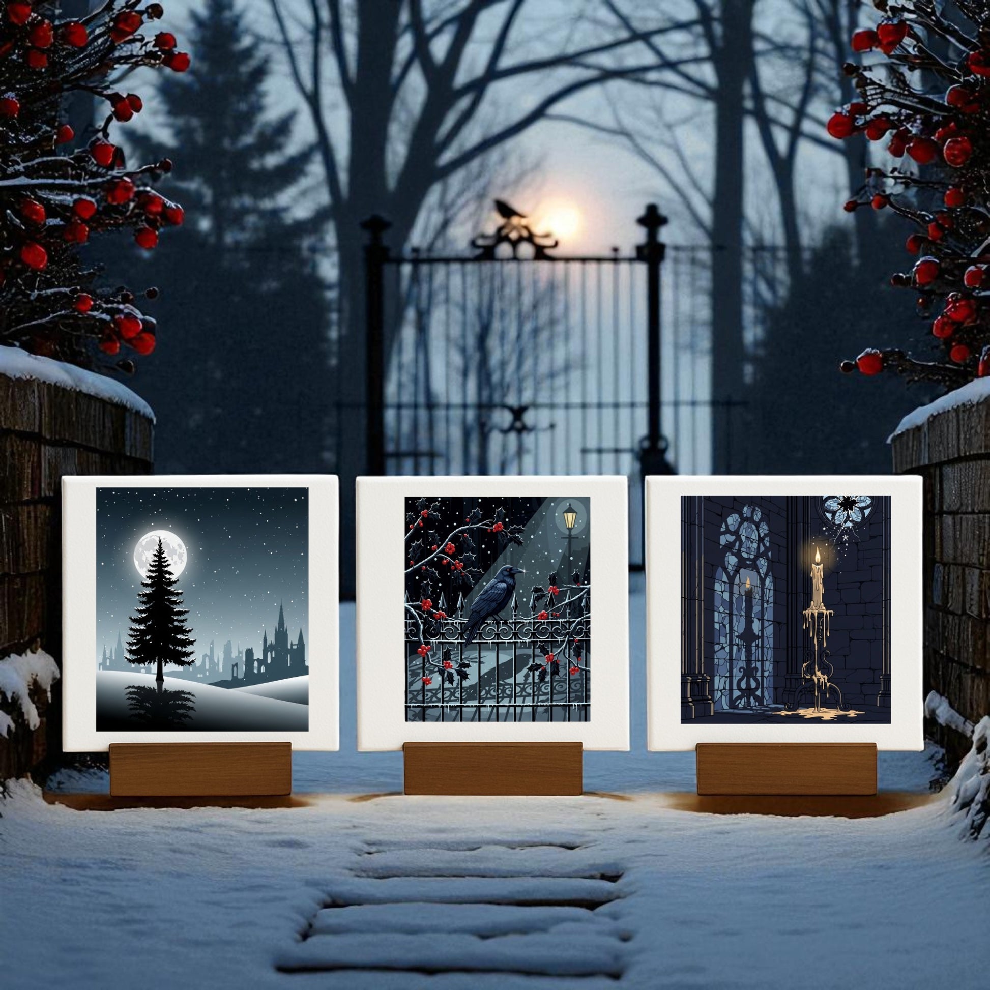 The Christmas Noir Midnight Trio by Mirabilia Boutique features three gothic holiday mini canvases on wooden stands, set on a snowy path with red-berried shrubs, a wrought iron gate, and moonlit mist for a moody winter display.