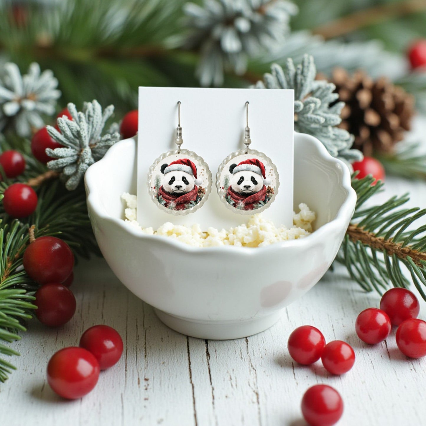 Mirabilia Boutique's Christmas Panda Earrings | Cute Holiday Dangle Jewelry feature pandas in Santa hats and are hypoallergenic—perfect festive jewelry for sensitive ears this season.