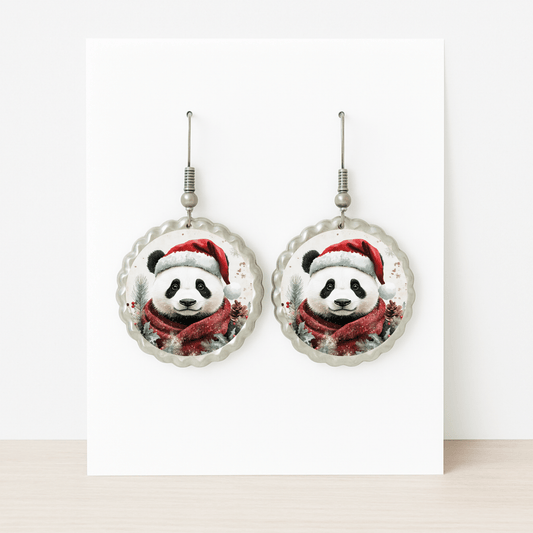 Christmas Panda Earrings by Mirabilia Boutique—cute holiday dangle jewelry with pandas in Santa hats and scarves. Displayed on a white card, they're festive, hypoallergenic, and perfect for sensitive ears.