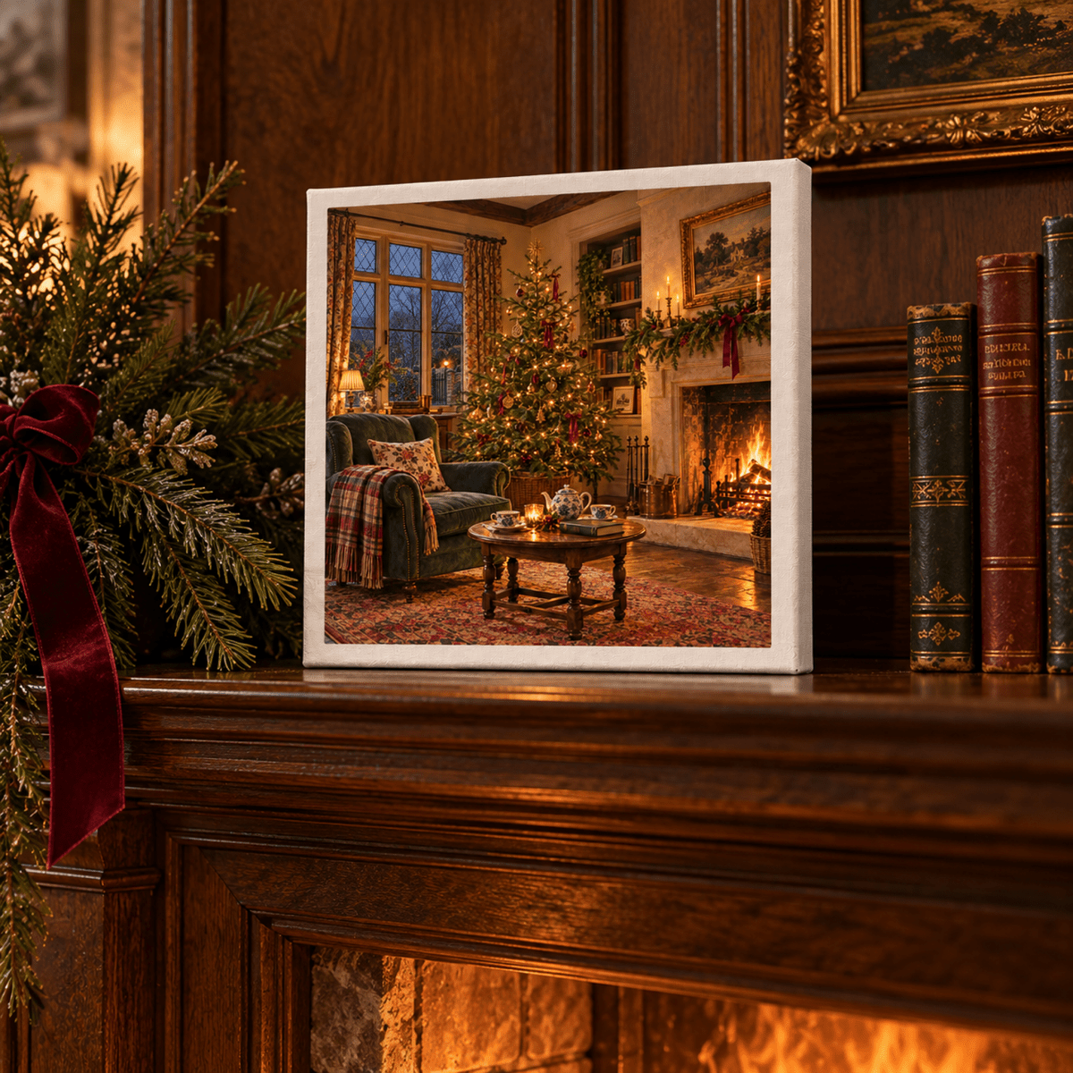 The Room Is Ready Canvas by Mirabilia Boutique, a gallery-wrap print featuring a cozy English sitting room with a lit Christmas tree and a fireplace with a wooden mantelpiece.