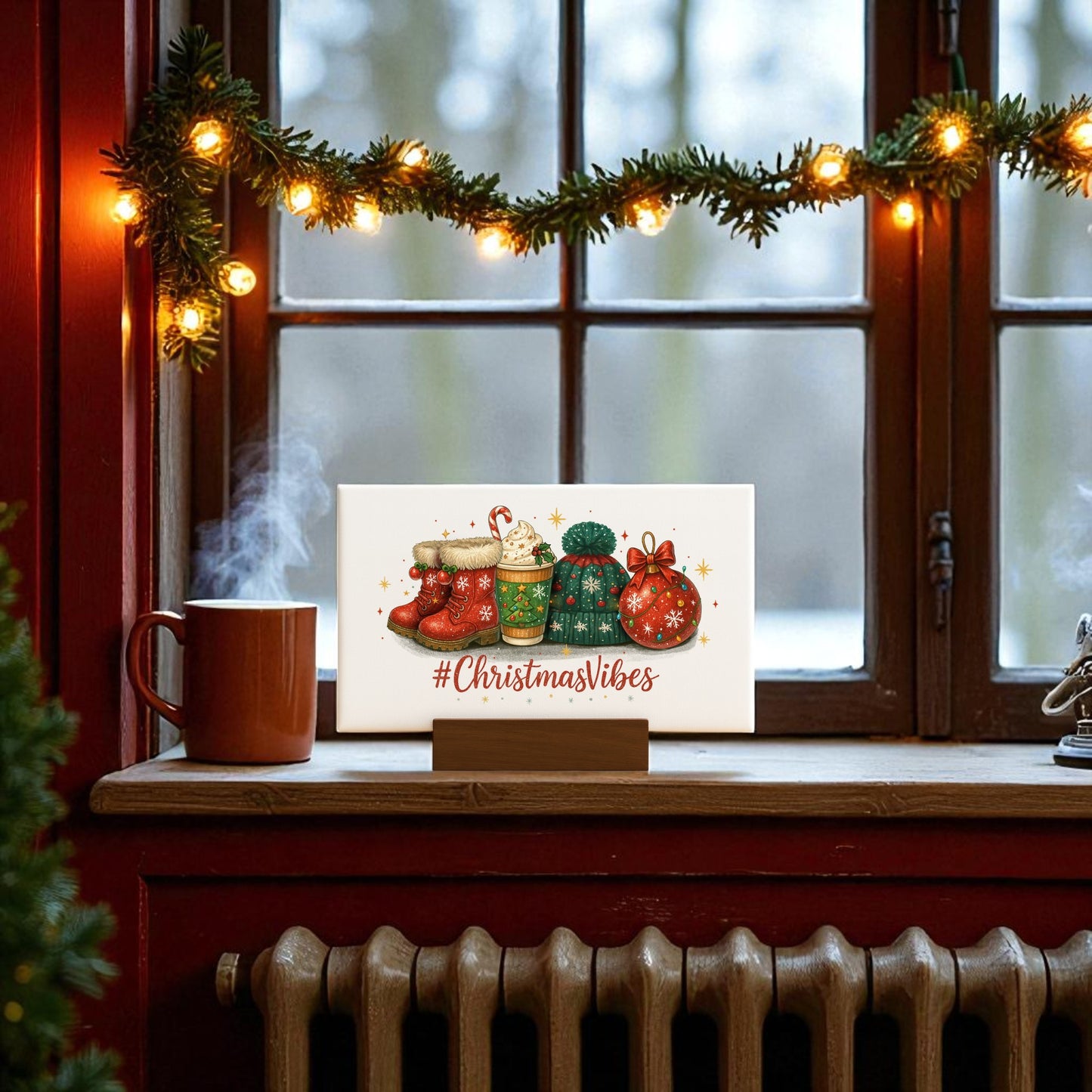 Create a cozy holiday scene with Mirabilia Boutique's Christmas Vibes 6x4 Canvas Sign, featuring stockings, gifts, and #ChristmasVibes—perfect festive decor to brighten your home this season.