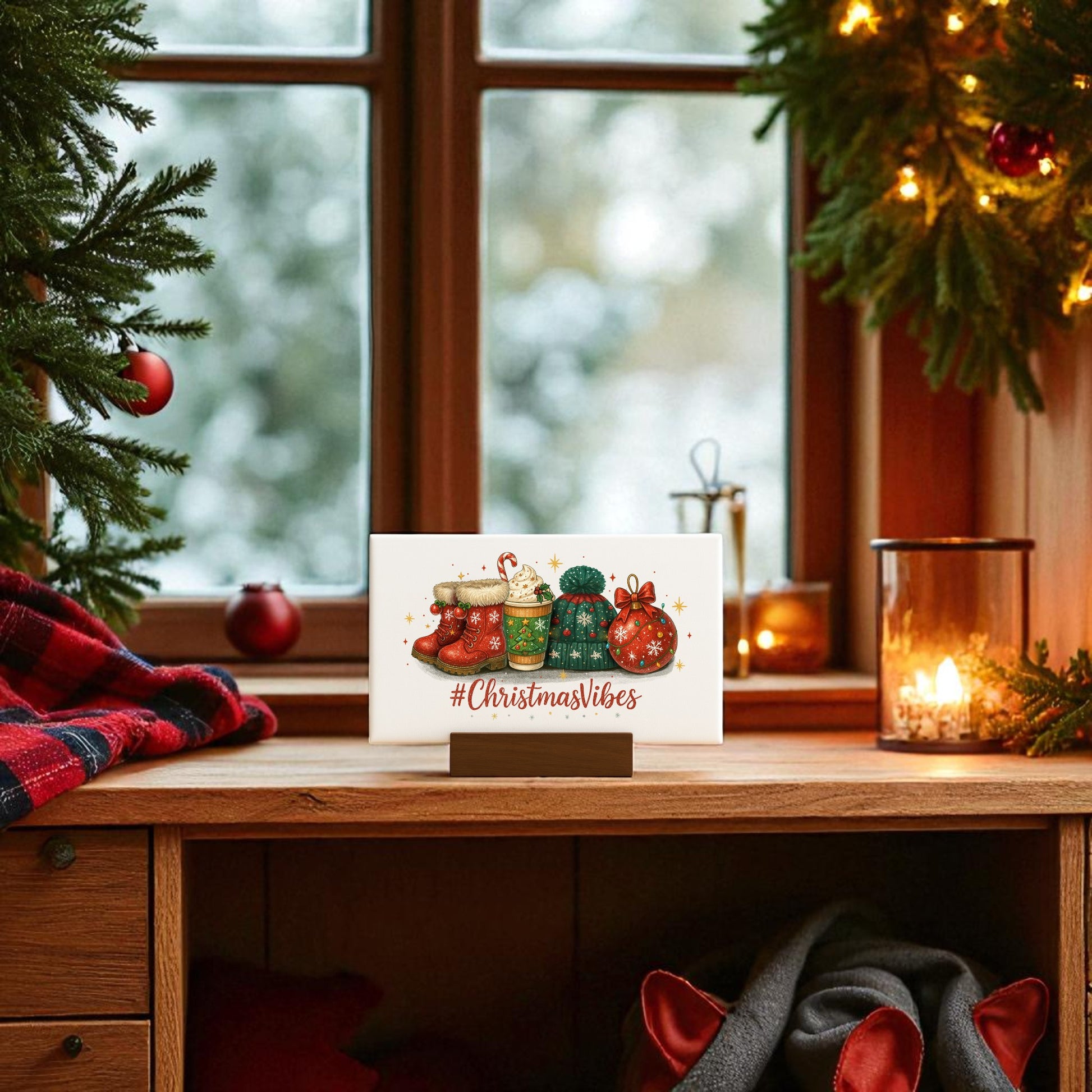 A festive Christmas scene features the Mirabilia Boutique "Christmas Vibes 6x4 Canvas Sign" on a wooden shelf, accented by holiday decor, pine branches, a candle, and a snowy window for cozy holiday charm.