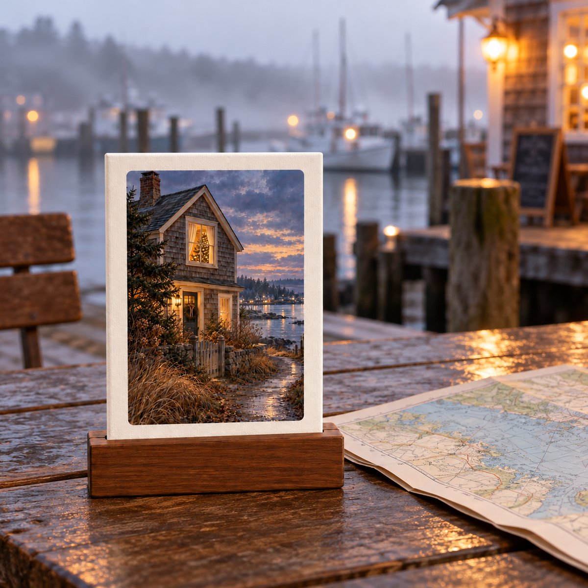 A Tree in the Upstairs Window Mini Sign by Mirabilia Boutique, a rectangular canvas in a wooden stand showing a cottage with a glowing window at sunset, sits on an outdoor table next to a map as coastal Christmas decoration.
