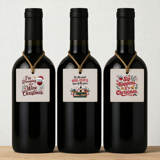 Mirabilia Boutique’s Christmas Wine Tags Set of 6 features funny holiday bottle decorations, including tags saying “I’m Dreaming of a Wine Christmas,” “It’s the Most Wine-derful Time of the Year,” and “Sip Happens, It’s Christmas.”.