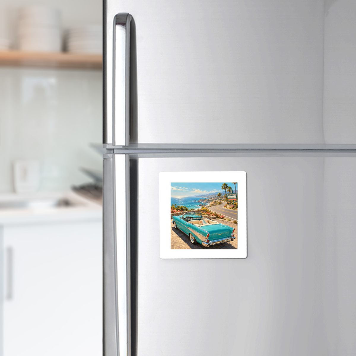 The Road Opens Magnet | Chrome & Starlight is a square coastal refrigerator magnet featuring a vintage turquoise convertible car parked on a scenic road overlooking the ocean.