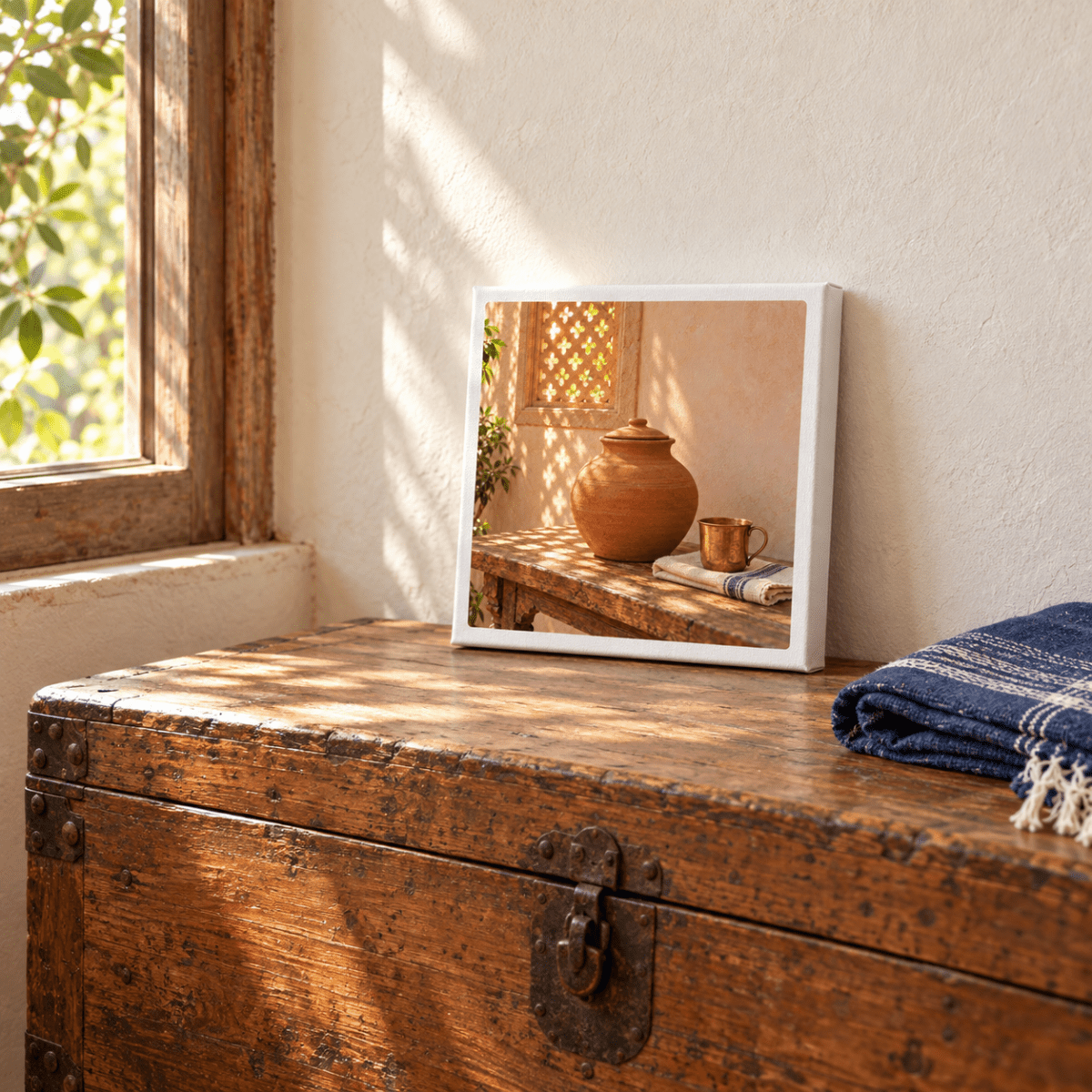 Water Kept Cool Canvas | Sand & Saffron square still life painting of a terracotta water pot and metal cup on a wooden table, displayed on a rustic wooden chest.