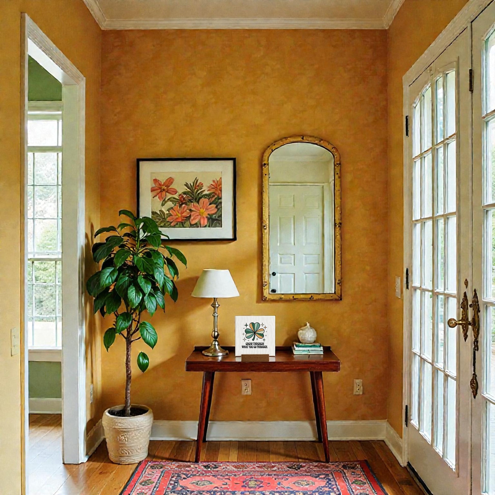 A cozy entryway features mustard yellow walls, a framed flower print, gold-framed mirror, four-leaf clover decor, and a wooden table with a lamp, books, Mirabilia Boutique’s "Grow Through What You Go Through" mini sign, and a small dish. Sunlight streams in.