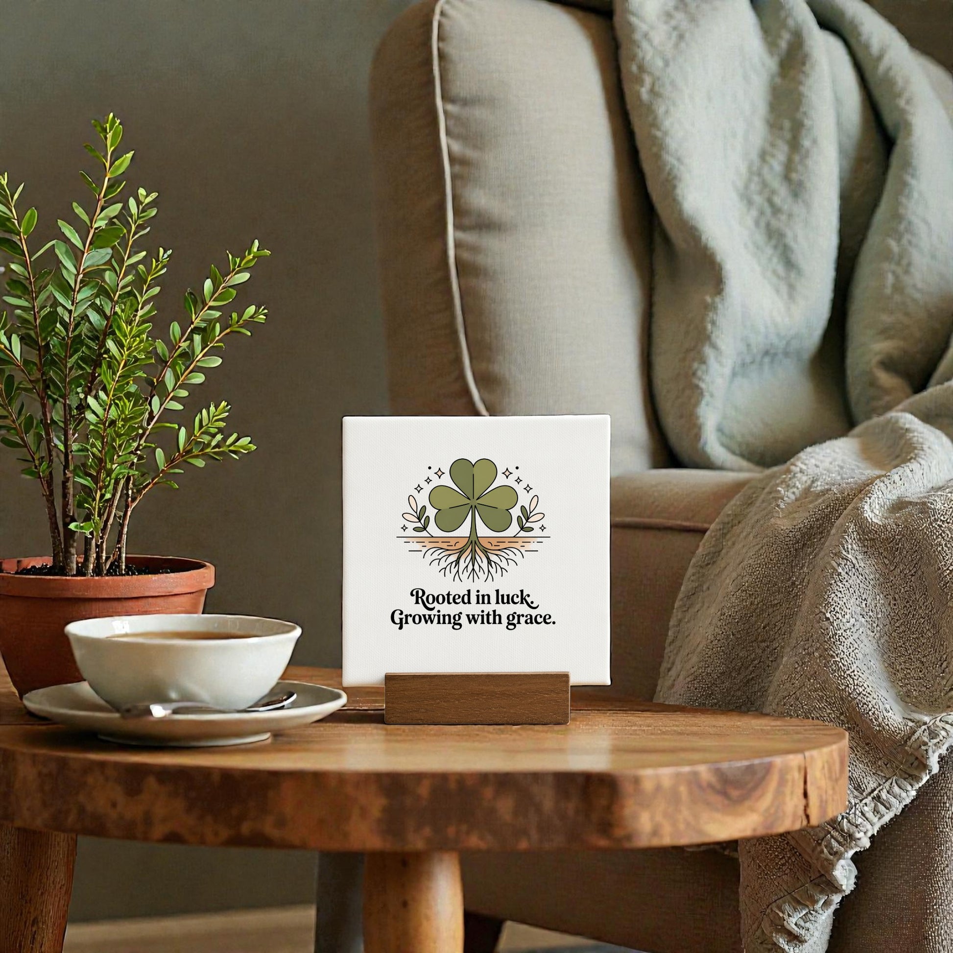 A small potted plant and cup sit on a wooden table beside the Mirabilia Boutique “Rooted in Luck, Growing with Grace” 4x4 canvas sign featuring a clover design. A cozy chair and blanket are in the background.