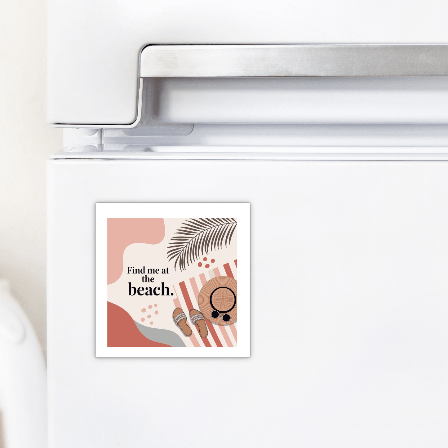 The Find Me at the Beach Magnet – Coastal Summer Aesthetic by Mirabilia Boutique adds seaside charm to your fridge with abstract shapes, shells, a leaf, and “Find me at the beach”—a perfect summer gift or coastal accent.