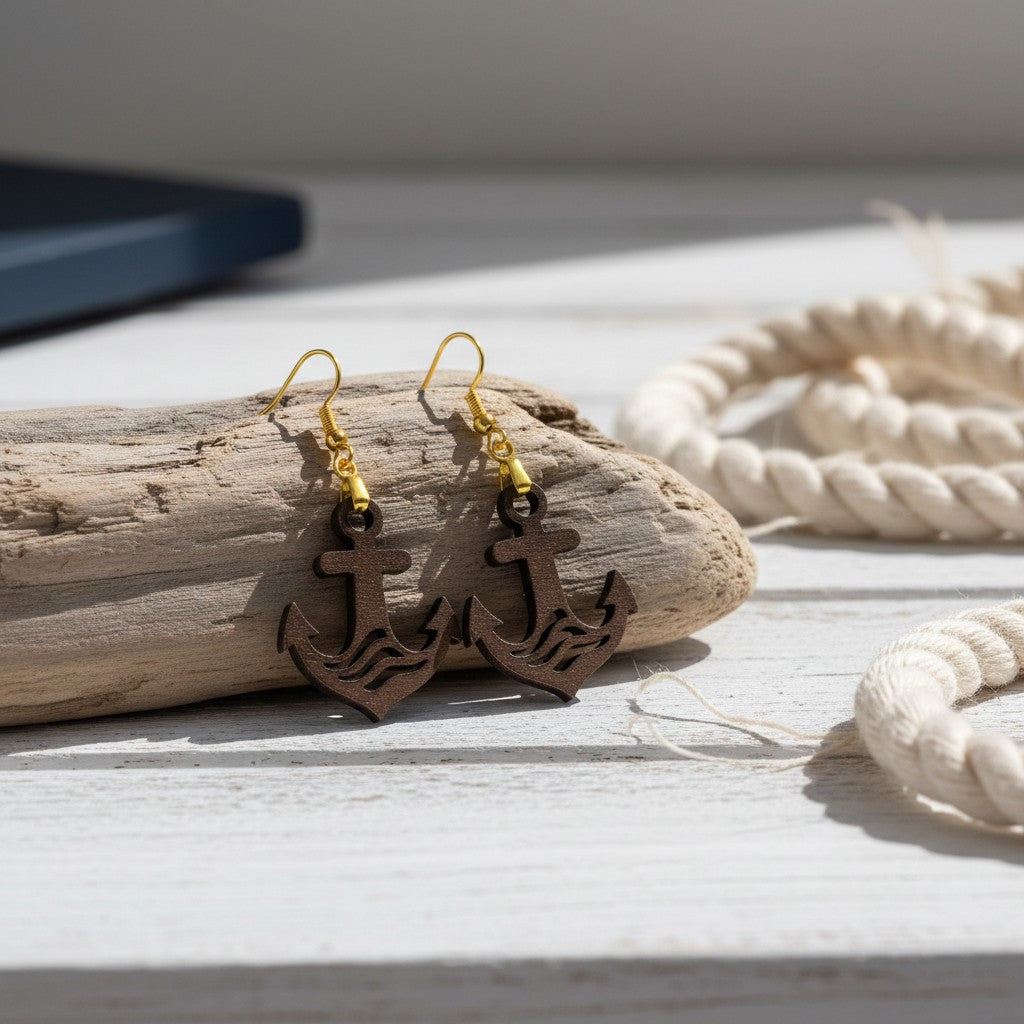 The Anchor Earrings by Mirabilia Boutique are lasercut from walnut wood with gold hooks, displayed on driftwood next to a white rope—capturing nautical charm on a sunlit white wooden surface.