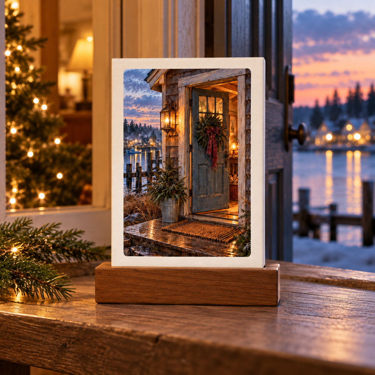 A Coming Home for Christmas Mini Sign by Mirabilia Boutique, featuring a small rectangular cottage sign in a wooden base with a cabin door, a festive wreath, and a snowy, sunset waterfront view.