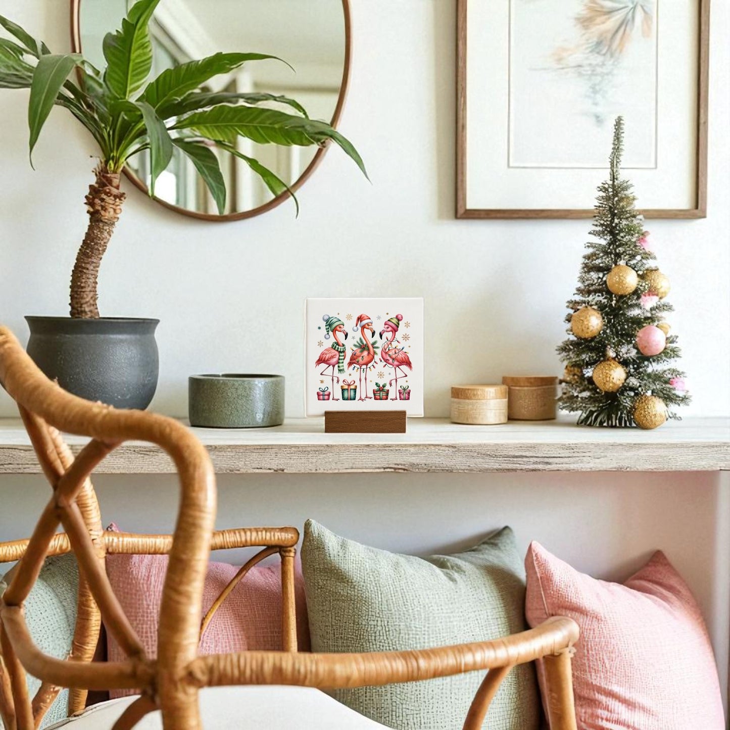 A cozy living space features pastel pillows, a rattan chair, potted plants on a wooden shelf, and the Mirabilia Boutique Coastal Christmas Flamingo Sign as festive decor above the shelf for a unique Florida holiday touch.