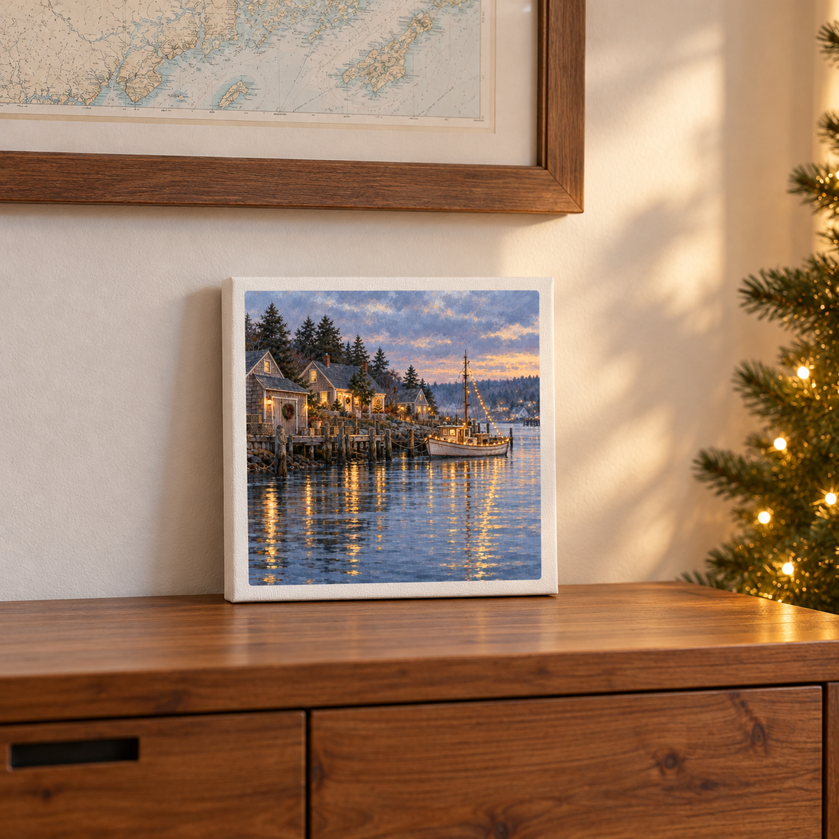 A square Christmas Along the Harbor Canvas | Salt & Story gallery-wrapped print sits on a wooden sideboard, depicting a winter waterfront art scene with rustic cottages and a lit boat at sunset.