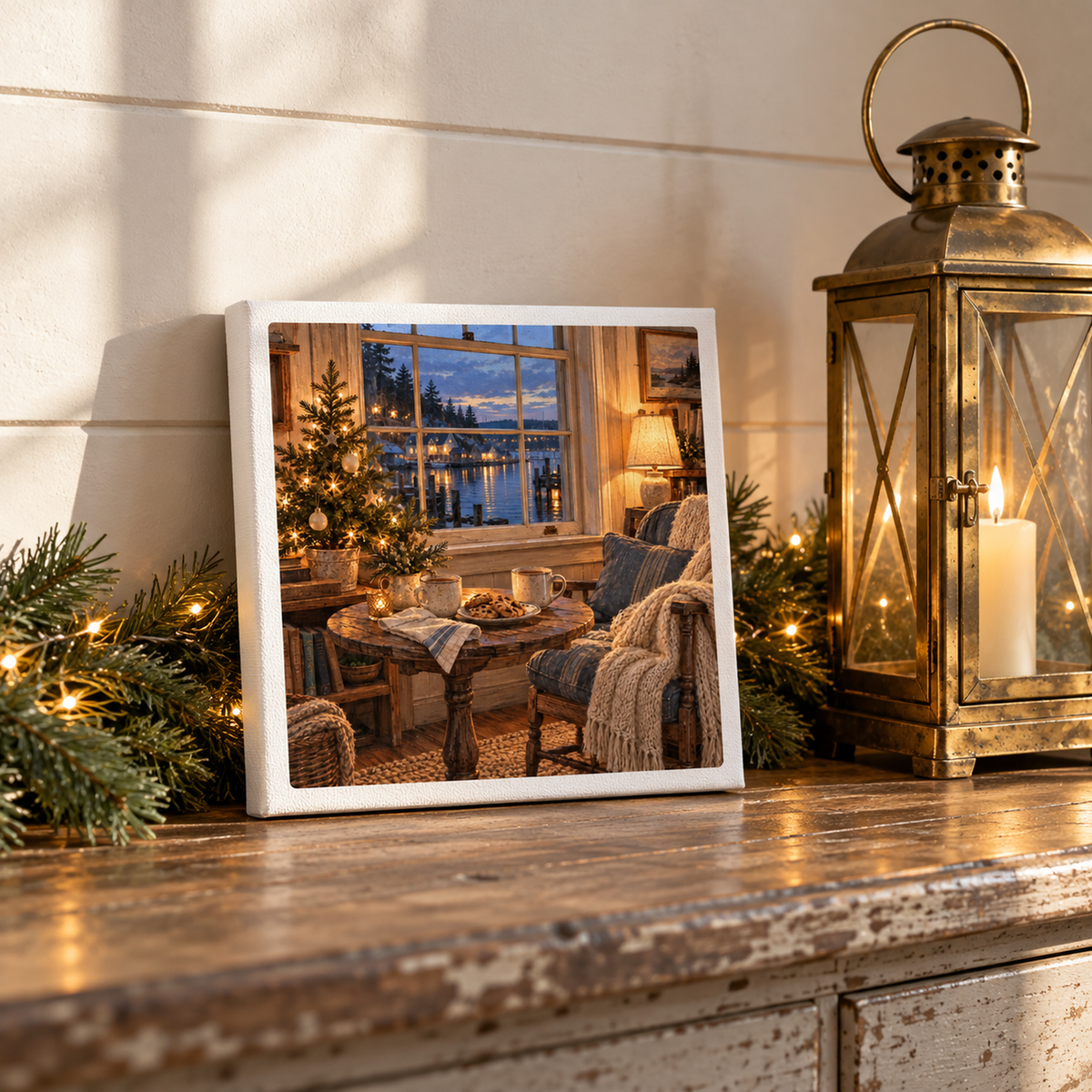 The Warm Room Canvas by Mirabilia Boutique features a coastal cottage Christmas scene with a decorated tree, armchair, and harbor window view at dusk, displayed on a wooden surface beside a lit candle lantern and pine branches.
