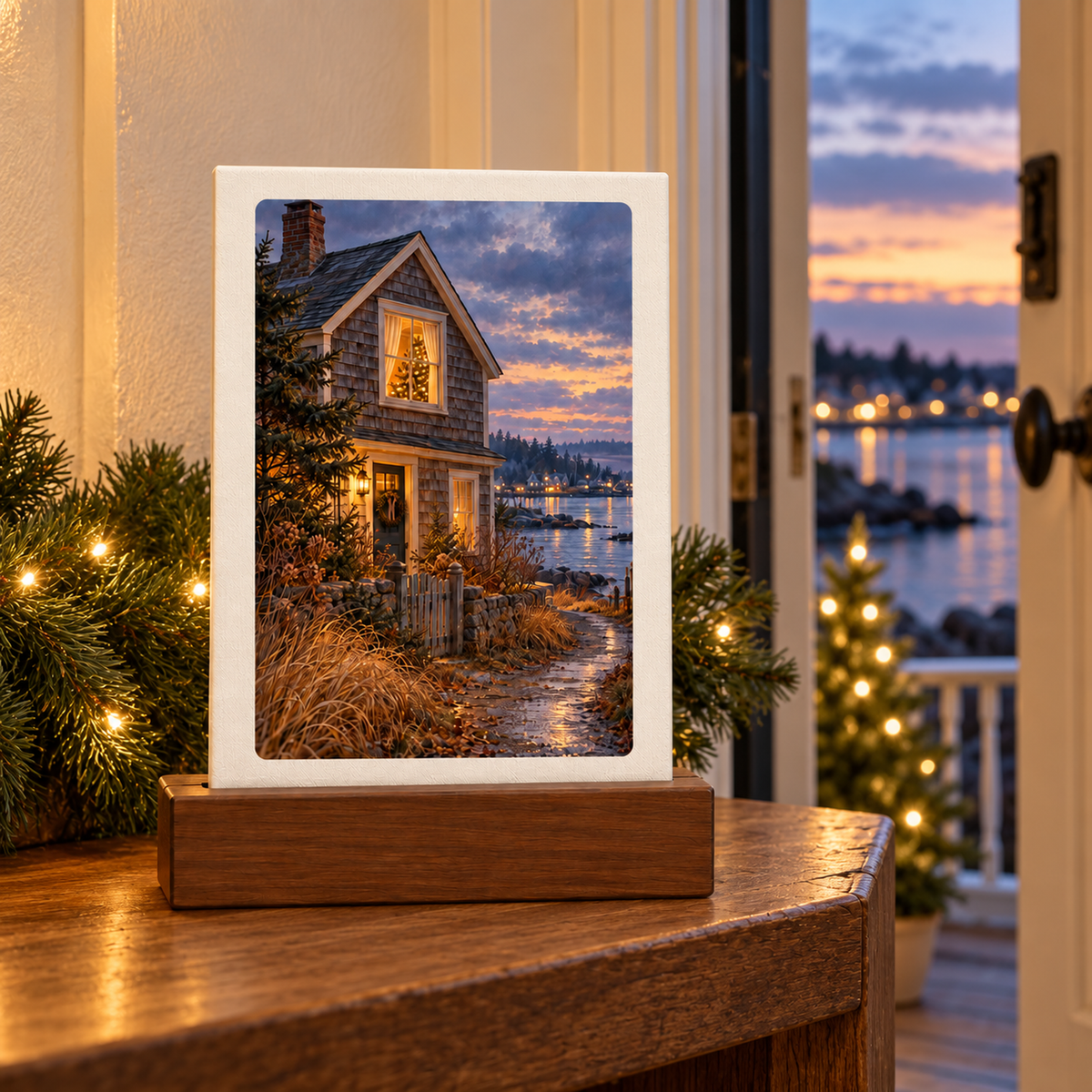 A Tree in the Upstairs Window Mini Sign by Mirabilia Boutique, featuring an illustration of a lit cottage by the water at sunset, sits on a wooden surface surrounded by evergreen branches and Christmas decor illuminated by fairy lights.