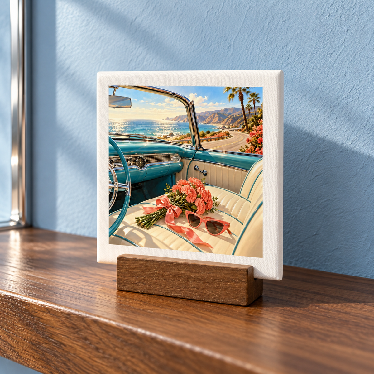 The Best Is Still Ahead Birthday Mini Sign, a square tabletop artwork of a bouquet of pink flowers and pink sunglasses resting on the passenger seat of a vintage blue convertible driving along a coastal road, displayed on a wooden stand.