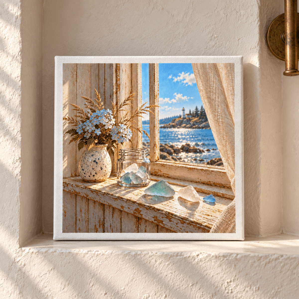 The Windowsill Collection Canvas | Sea Glass print of a sunny windowsill with a vase of flowers and a jar of sea glass, overlooking a coastal view with a lighthouse.