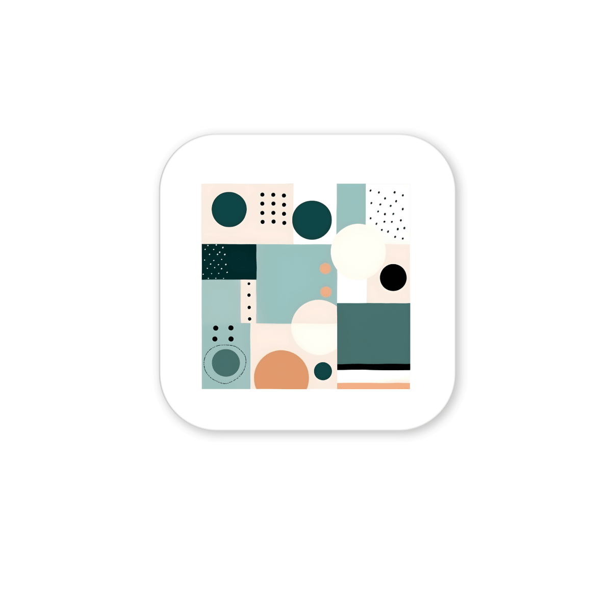 Add a touch of mid century modern style to your coastal decor with the Coastal Geometry Mid Century Modern Magnet by Mirabilia Boutique, featuring overlapping geometric shapes in teal, beige, black, and peach with unique patterns.