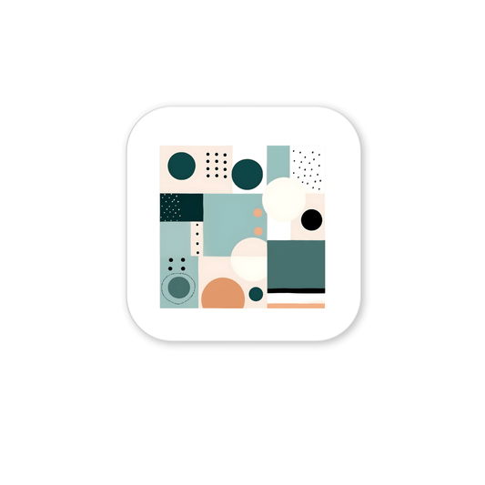 Add a touch of mid century modern style to your coastal decor with the Coastal Geometry Mid Century Modern Magnet by Mirabilia Boutique, featuring overlapping geometric shapes in teal, beige, black, and peach with unique patterns.