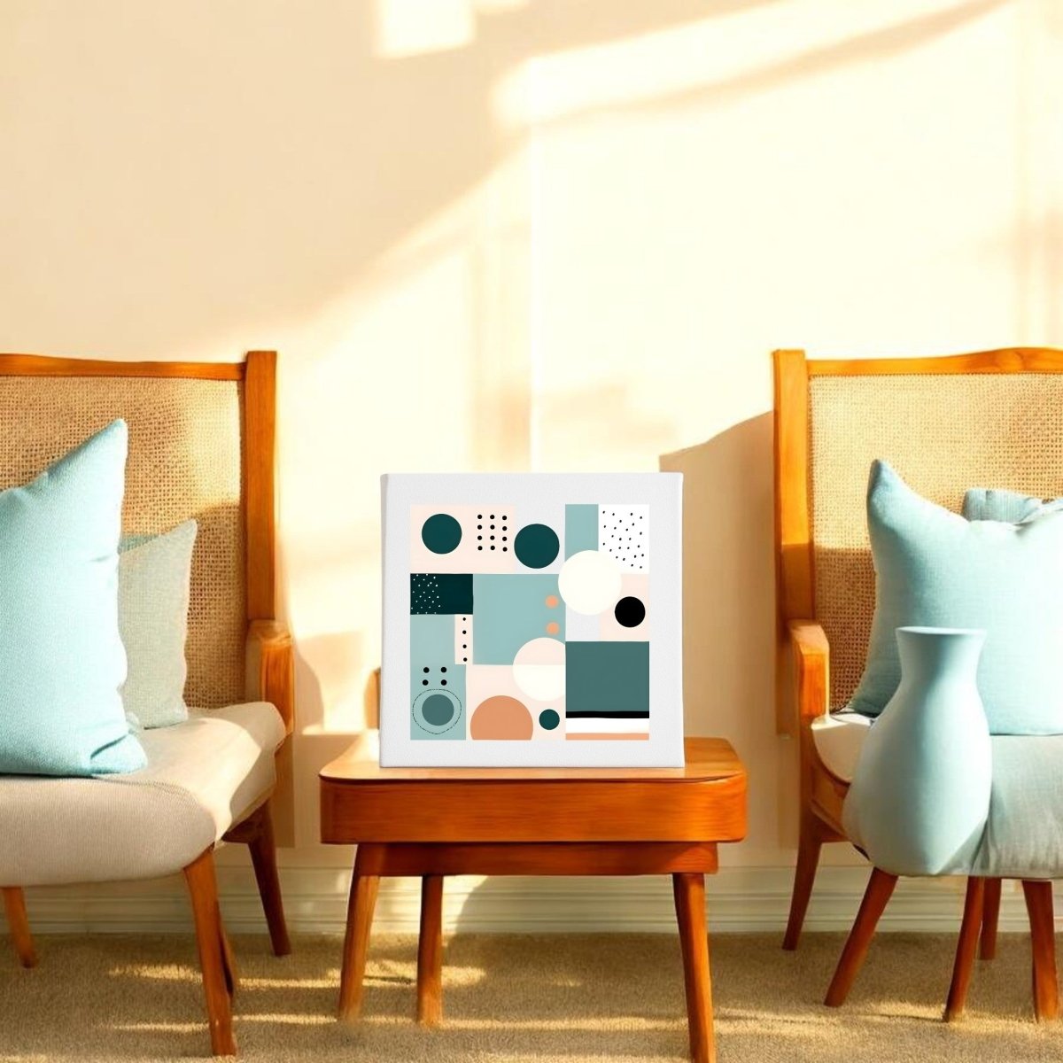 Two wooden armchairs with light cushions and blue pillows face each other. A small table displays the Coastal Geometry Mid Century Modern Canvas by Mirabilia Boutique, while sunlight highlights the beige wall and light wood floor. A blue vase sits nearby.