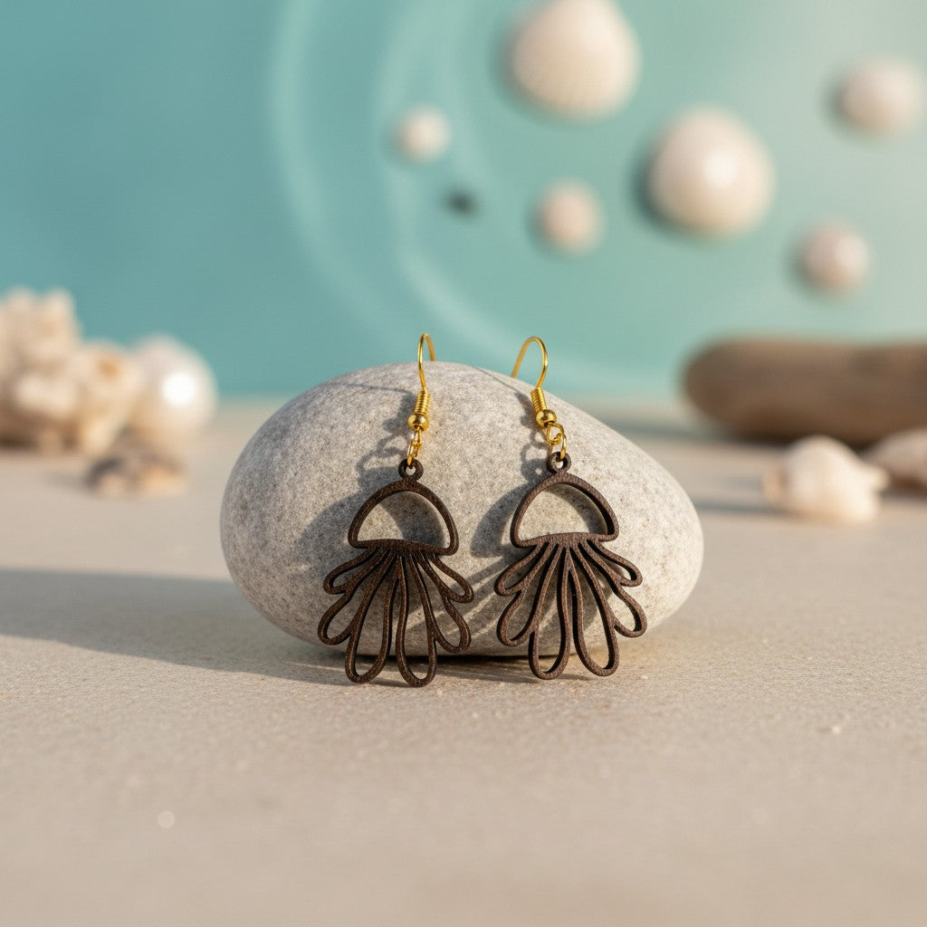 Jellyfish Earrings | Lasercut Walnut Wood by Mirabilia Boutique—dark wood jellyfish with gold hooks, shown on a smooth white stone with seashells and a soft blue oceanic background, ideal for beach-inspired jewelry style.