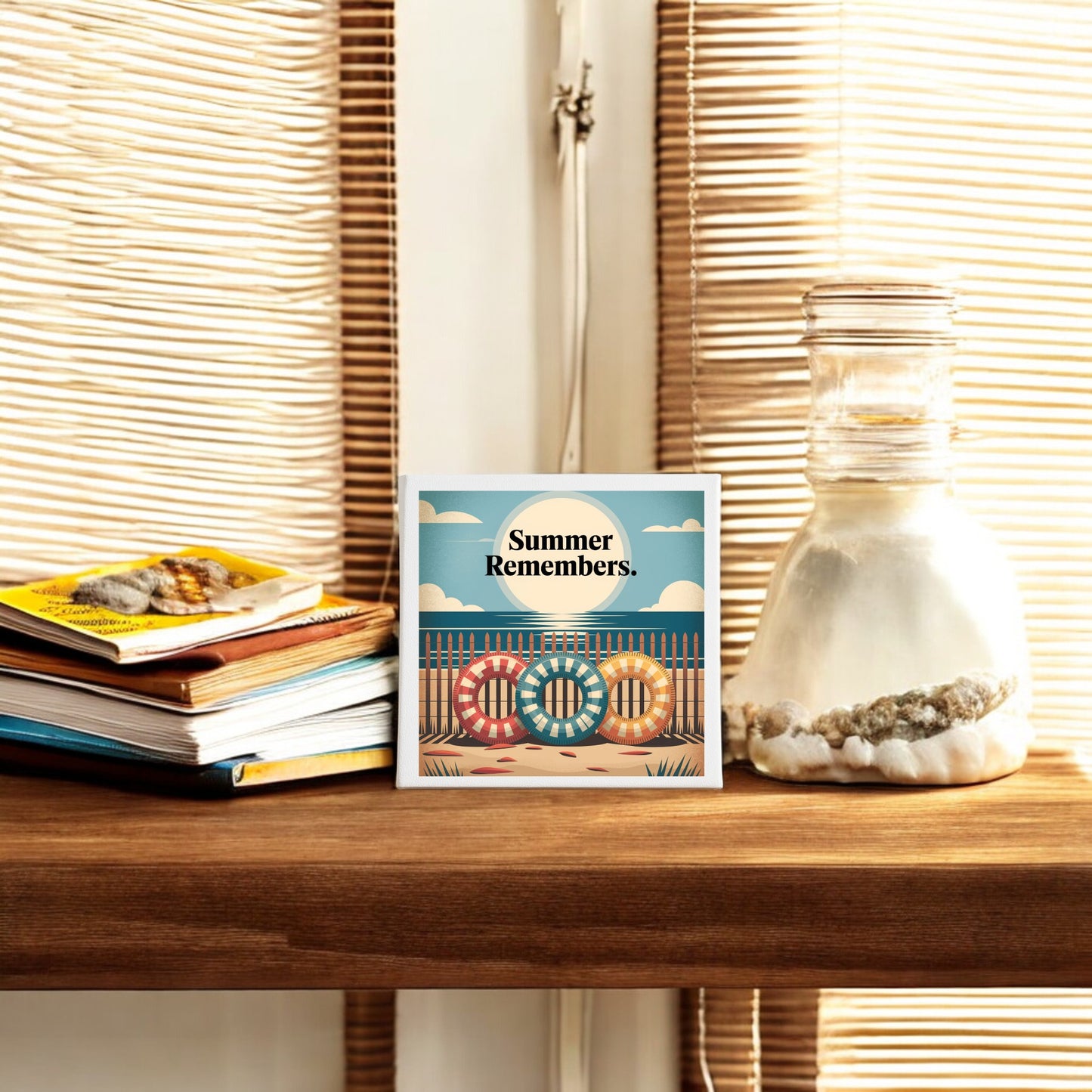A wooden shelf displays a glass jar of seashells, books, and Mirabilia Boutique’s “Summer Remembers Canvas Wall Art – Coastal Nostalgia”—perfect for beach cottage decor. Wicker blinds hang over the window behind.