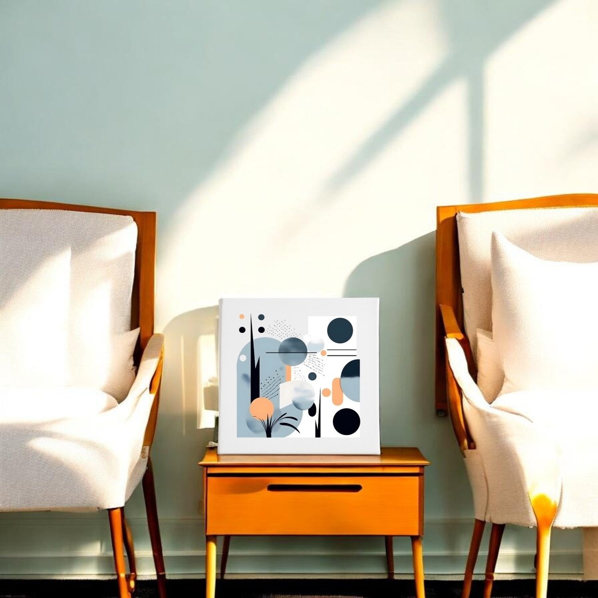 Two cream-colored armchairs with wooden arms flank a small side table displaying the Mirabilia Boutique Coastal Sunrise Mid Century Modern Canvas, its abstract shapes catching sunlight and casting shadows on the pale green wall.