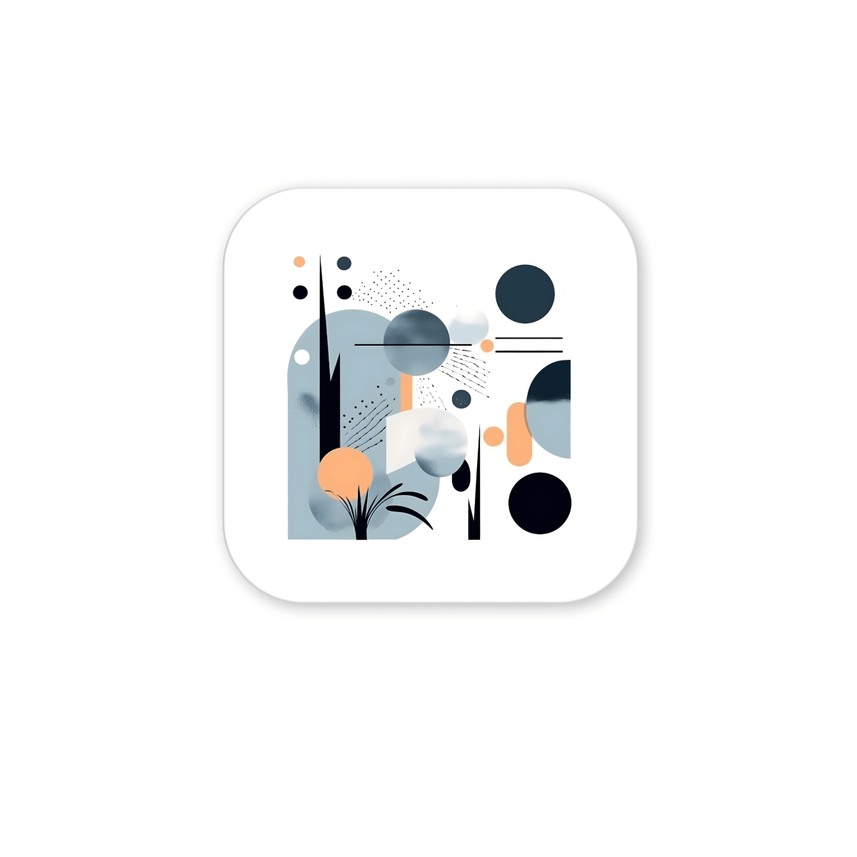 The Coastal Sunrise Mid Century Modern Magnet by Mirabilia Boutique features abstract geometric shapes, dots, and lines in blue, black, and peach on a white rounded square—evoking plant and bubble forms for stylish winter decor.