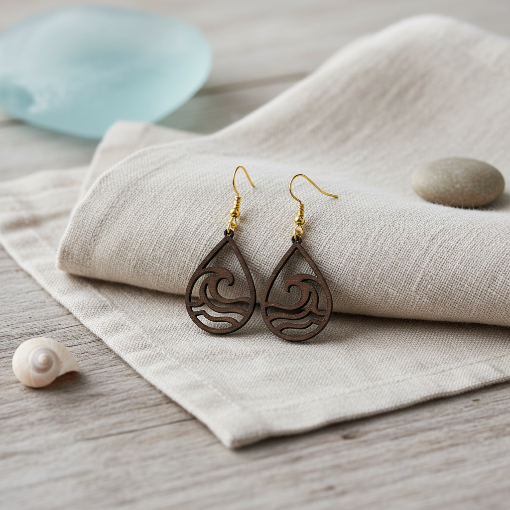 The Wave Teardrop Earrings by Mirabilia Boutique, crafted from lasercut walnut wood with gold accents, rest on a beige cloth beside a stone, shell, and sea glass—beautiful ocean-inspired jewelry for any occasion.