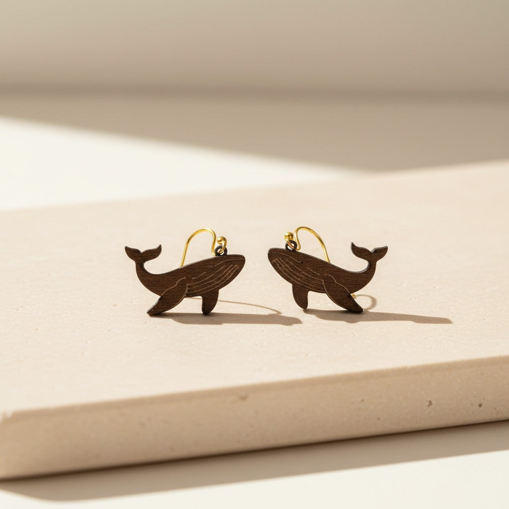 Mirabilia Boutique’s Humpback Whale Earrings are lasercut from dark walnut wood with gold hooks—an ideal gift for ocean lovers. Shown on a light beige background in soft natural light.