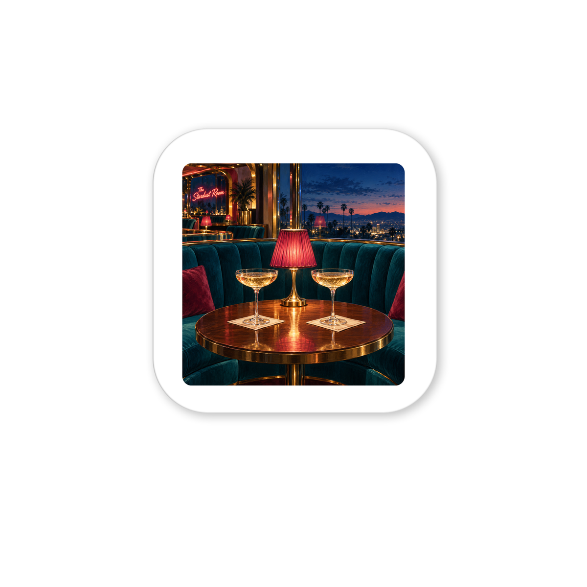 Two Cocktails at the Stardust Magnet | Chrome & Starlight sit in champagne coupes on a small round table in a dark booth, framed against a city skyline at dusk.