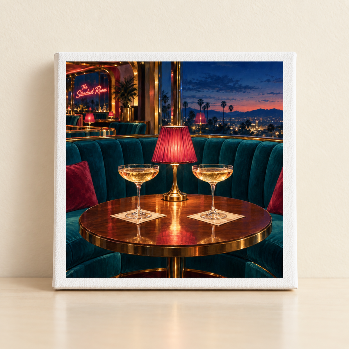 Cocktails at the Stardust Canvas | Chrome & Starlight featuring two champagne coupes and a lamp on a circular table before teal curved booths, set against a neon-lit lounge overlooking a sunset city skyline.