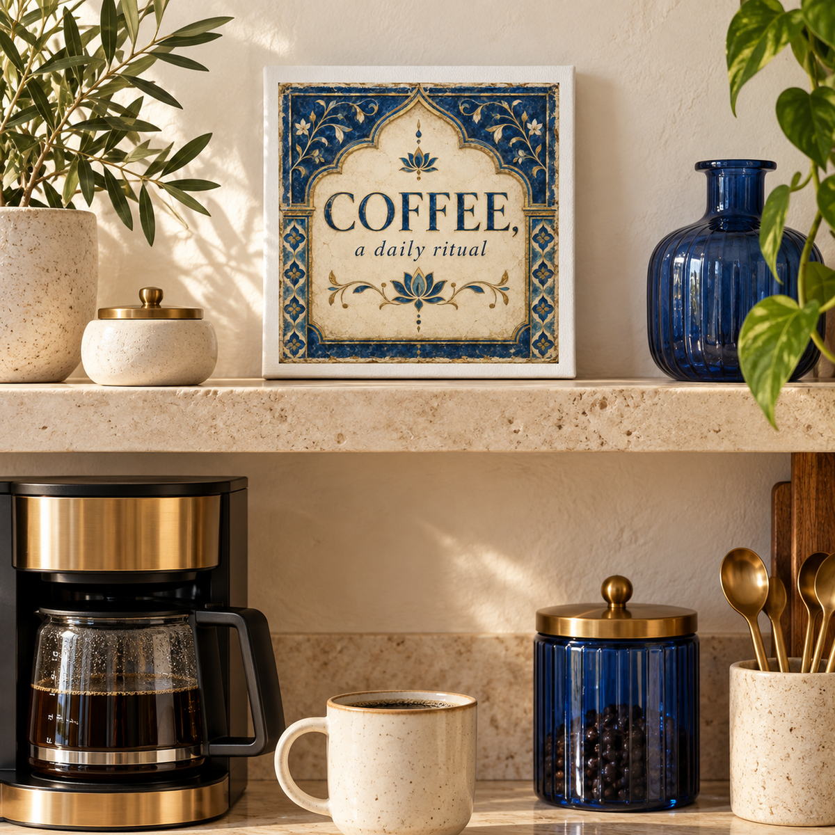 A cozy kitchen scene featuring a coffee maker, a steaming cup of coffee, jars, plants, and kitchen wall art—a Mirabilia Boutique “Coffee, A Daily Ritual” 8x8 canvas sign by Lapis & Lotus—adding the perfect touch of coffee decor to the inviting shelf above.