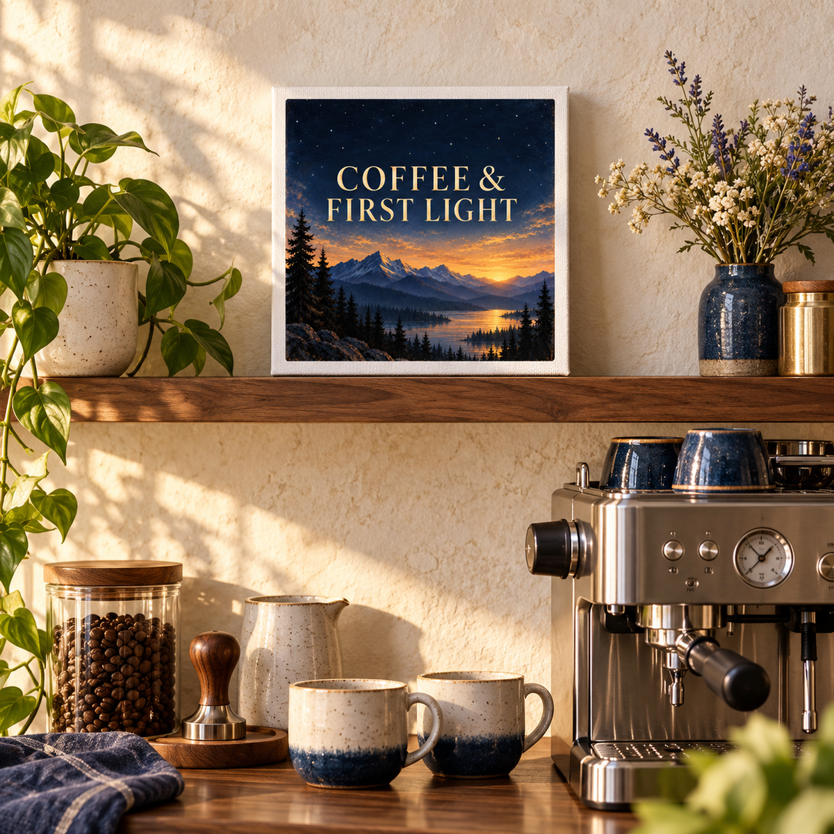 A cozy kitchen nook features a Mirabilia Boutique “Coffee & First Light 8x8 Canvas Coffee Bar Sign” from Star & Solstice, displayed above striking mountain sunrise art. Sunlight streams in, illuminating the coffee machine, mugs, and potted plants, creating an inviting atmosphere—perfect for those who appreciate celestial wall art and peaceful mornings with thoughtful coffee bar decor.