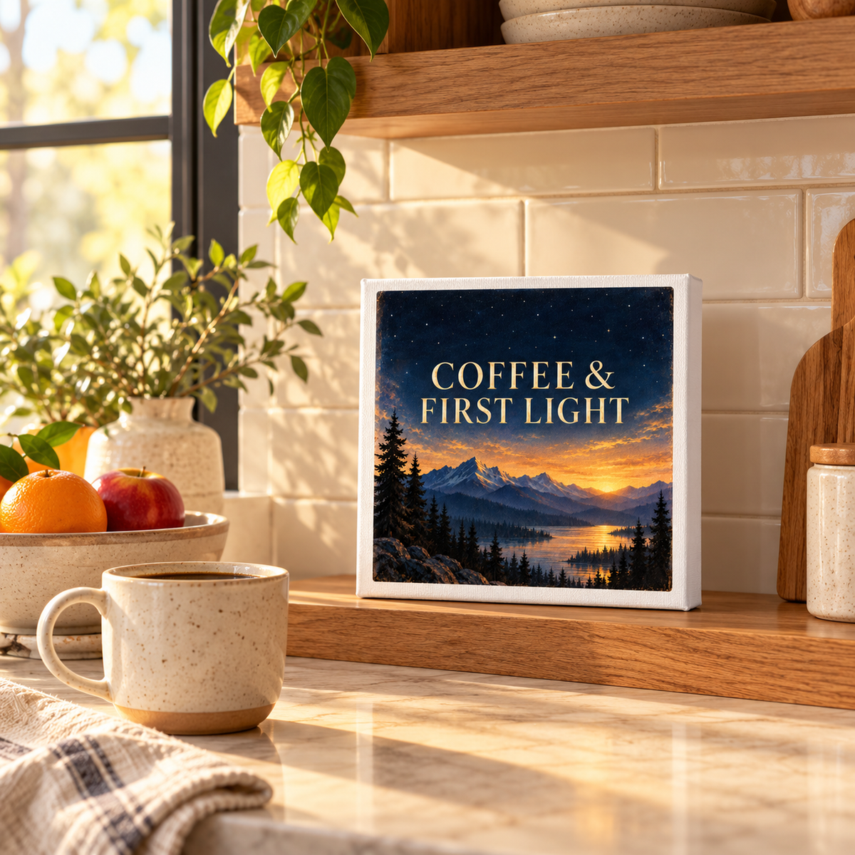 A cozy kitchen scene featuring the “Coffee & First Light 8x8 Canvas Coffee Bar Sign” by Mirabilia Boutique, with its captivating mountain sunrise art, sits alongside a mug, fresh fruit, and lush plants. Sunlight streams through the window onto wooden shelves, creating the perfect touch of coffee bar decor from Star & Solstice.