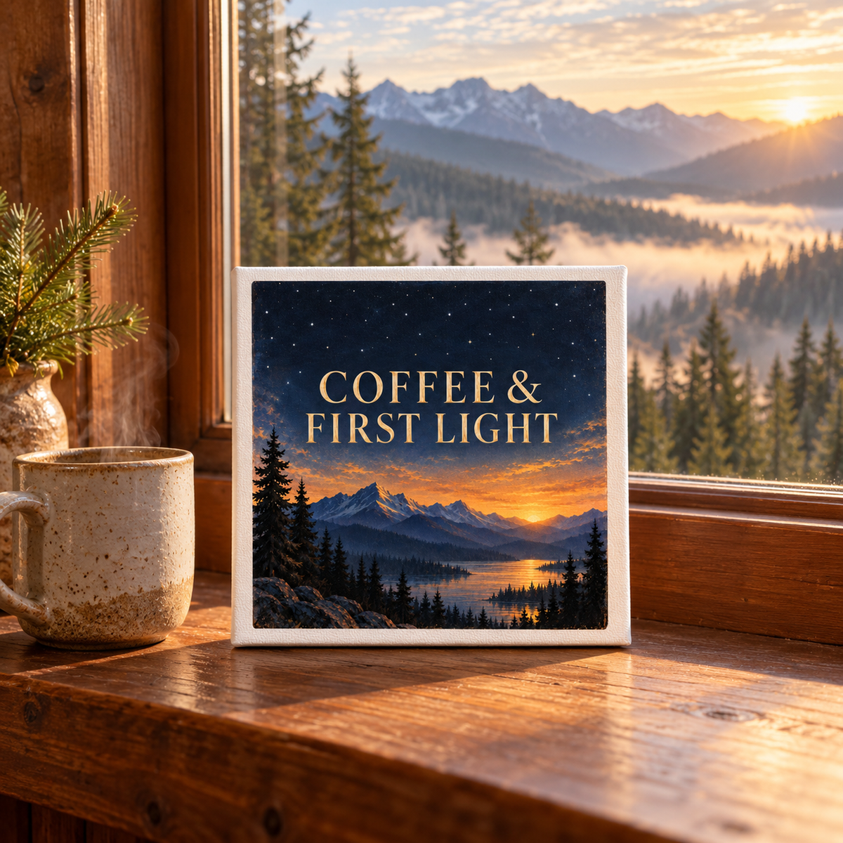 A Mirabilia Boutique “Coffee & First Light 8x8 Canvas Coffee Bar Sign” by Star & Solstice is displayed alongside a mug on a wooden windowsill, creating cozy coffee bar decor. Through the window, a scenic mountain sunrise with misty mountains and pine trees completes the inviting scene.
