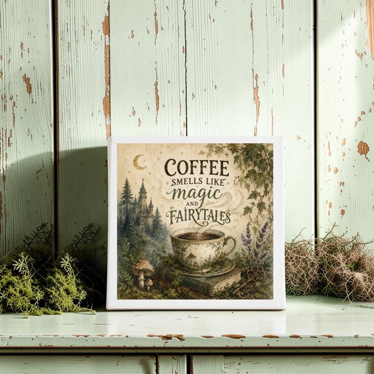 A framed Coffee Smells Like Magic Coffee Bar Shelf Sitter by Mirabilia Boutique sits on a rustic wooden shelf, beautifully illuminated by sunlight. Adorned with whimsical illustrations of a coffee cup, mushrooms, greenery, and a moon and stars, this charming cottagecore sign reads "Coffee smells like magic and fairytales," making it an enchanting addition to your coffee decor.
