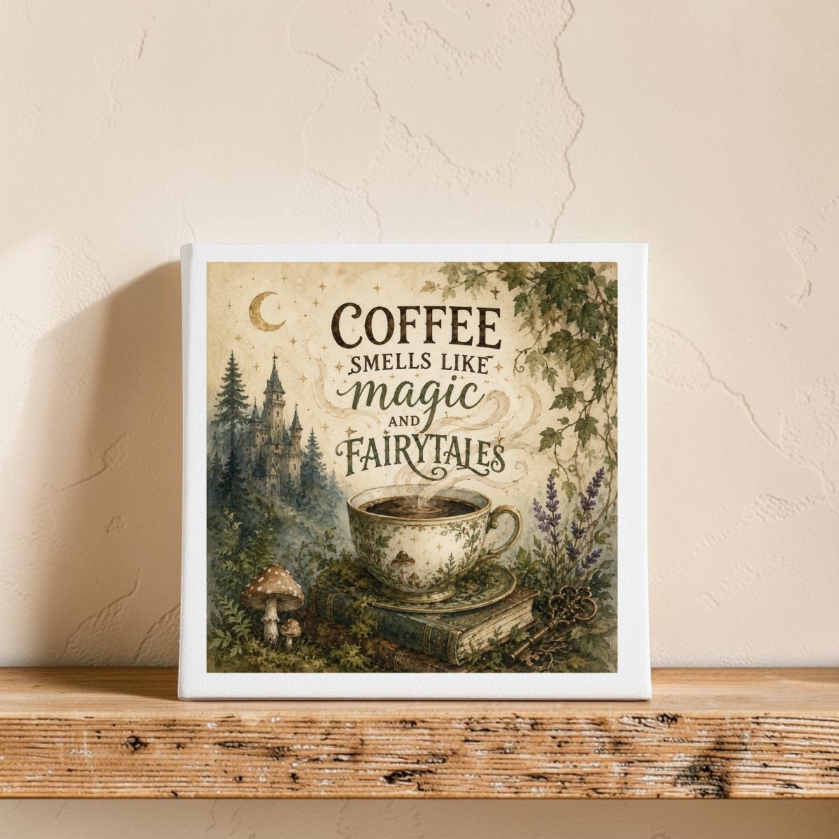 The Coffee Smells Like Magic Coffee Bar Shelf Sitter from Mirabilia Boutique features a charming canvas print of a teacup, mushrooms, and plants with the phrase "Coffee smells like magic and fairytales" set against a whimsical forest background—an enchanting cottagecore coffee sign perfect as magical coffee decor or an accent for your coffee bar shelf.