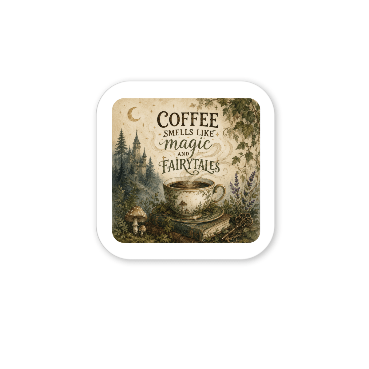 A charming magnet from Mirabilia Boutique featuring a teacup of coffee set in a forest scene with mushrooms, flowers, and a crescent moon—perfect for adding whimsical, fairytale-inspired flair to your kitchen decor. The text reads: “Coffee smells like magic and fairytales.”.