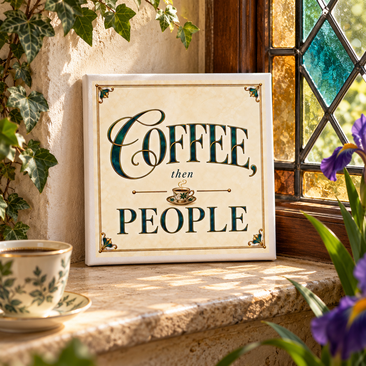 The Coffee, Then People 8x8 Canvas Coffee Bar Sign by Mirabilia Boutique adds a welcoming touch to your space, featuring the phrase “Coffee, then People” set on a window ledge next to a cup and saucer amid sunlit leafy plants and flowers—an ideal piece for coffee bar decor or vintage wall art charm.