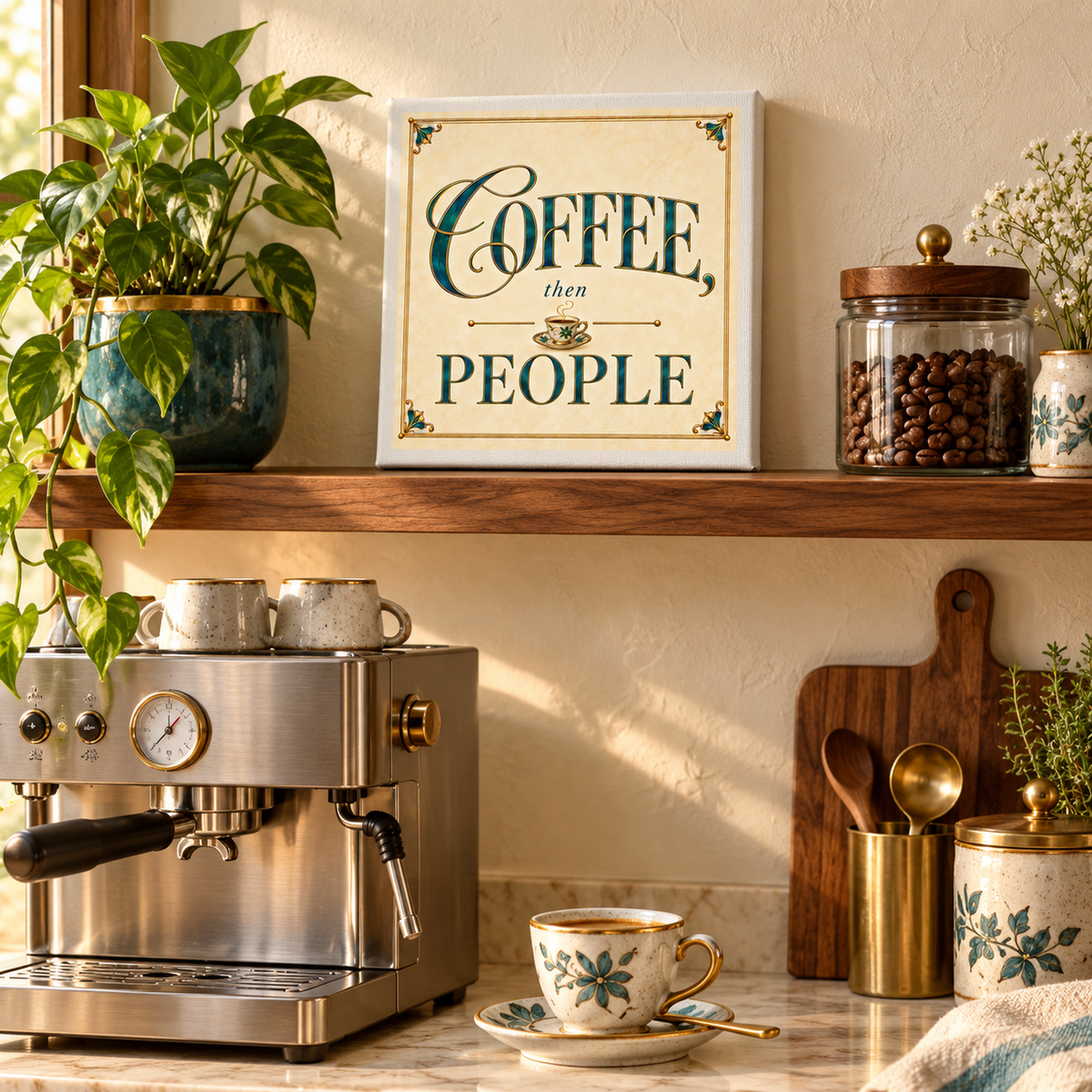 A cozy kitchen corner features a coffee machine, mugs, coffee beans, potted plants, and the “Coffee, Then People 8x8 Canvas Coffee Bar Sign” by Mirabilia Boutique from Gilded Reverie displayed on a shelf above. Warm sunlight streams in, enhancing the inviting atmosphere and highlighting charming accents of coffee bar decor and vintage wall art.