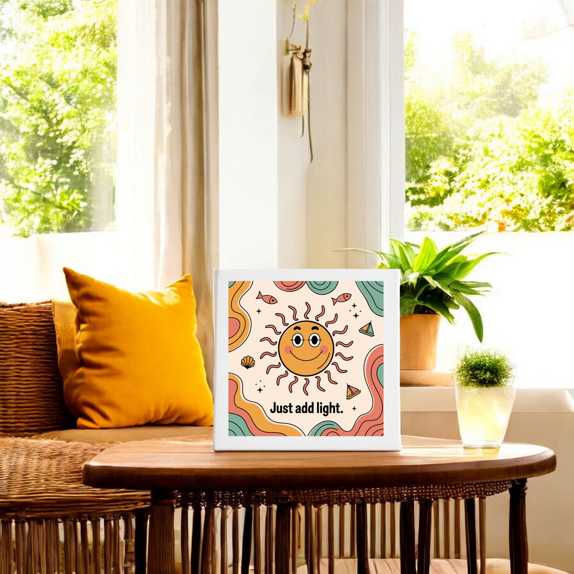 A sunny living room features a wicker sofa and table topped with Mirabilia Boutique’s “Just Add Light” 8x8 Retro Sunshine Canvas Sign. Bright patterns and a nearby green plant create an uplifting, inspirational home decor vibe.