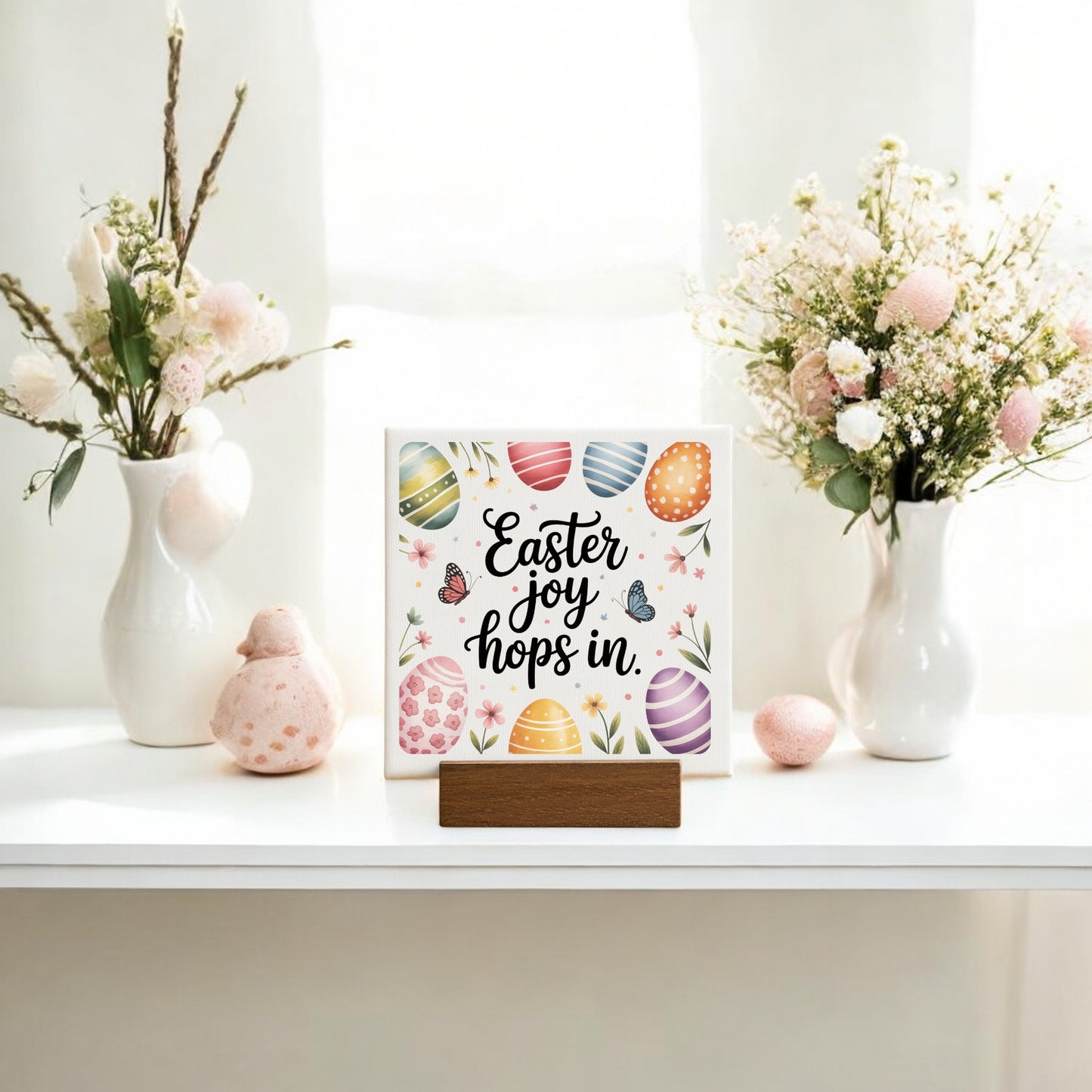 A white table decorated for spring with pink and white flower vases, decorative Easter eggs, and Mirabilia Boutique’s Easter Joy Hops In Mini Canvas Sign (4x4). Sunlight streams in through sheer curtains, creating a bright, festive scene.