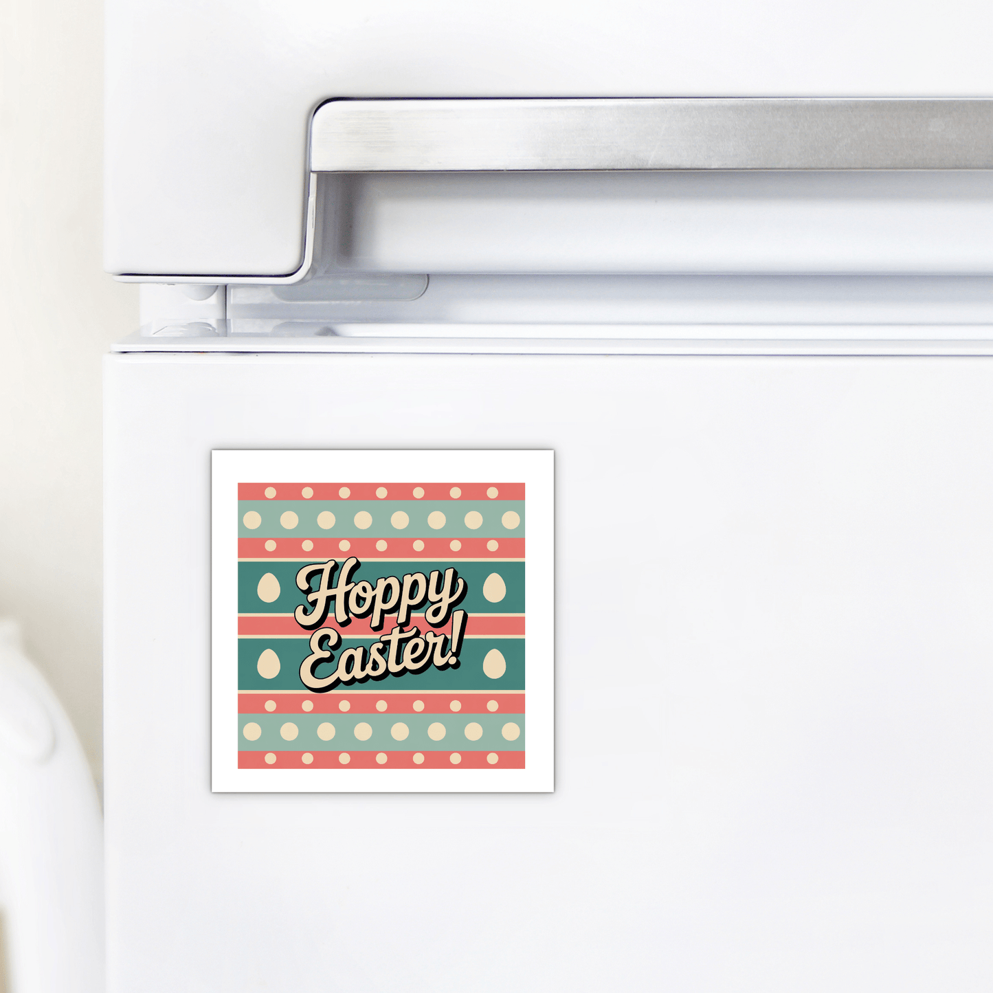 The Mirabilia Boutique "Hoppy Easter Magnet – Retro Spring Egg Design" adds festive pastel stripes, dots, and egg shapes to your fridge—perfect cheerful Easter décor for your kitchen.