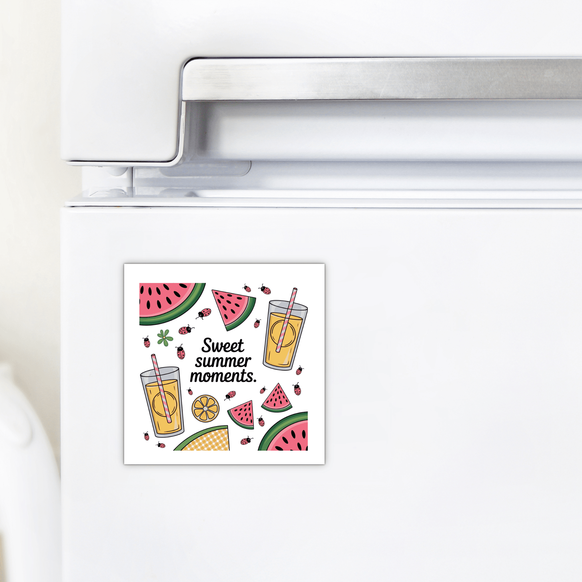 The Mirabilia Boutique Sweet Summer Moments Magnet features watermelon, lemonade, and summer fruits art for your fridge.