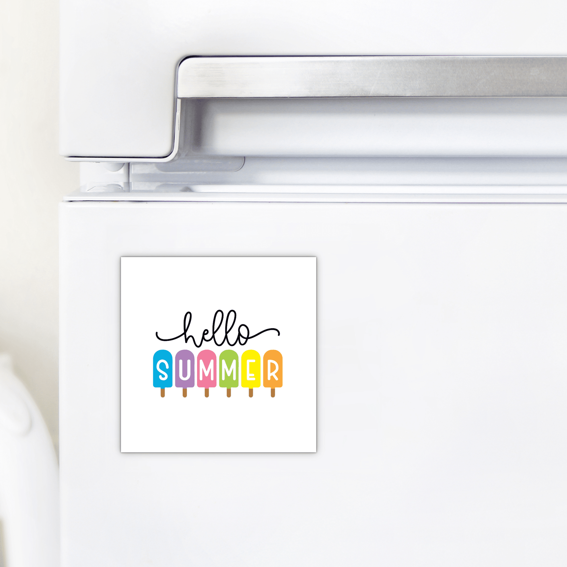 Brighten your kitchen with the "Hello Summer Popsicle Magnet – Rainbow Ice Pop Fridge Art" by Mirabilia Boutique, a vibrant white refrigerator magnet featuring "SUMMER" on colorful popsicle illustrations—a fun, seasonal decor piece.