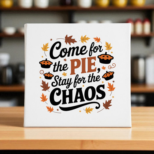 The Mirabilia Boutique "Come for the Pie Chaos Art" canvas features the phrase “Come for the pie, stay for the chaos” with autumn leaves and mini pie illustrations on a wooden counter, set against a blurred kitchen background.