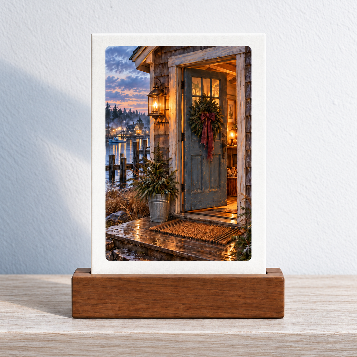 Coming Home for Christmas Mini Sign by Mirabilia Boutique, featuring a rectangular coastal cottage doorway decorated with a winter wreath at dusk in a wood stand.