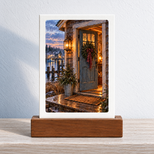 Coming Home for Christmas Mini Sign by Mirabilia Boutique, featuring a rectangular coastal cottage doorway decorated with a winter wreath at dusk in a wood stand.