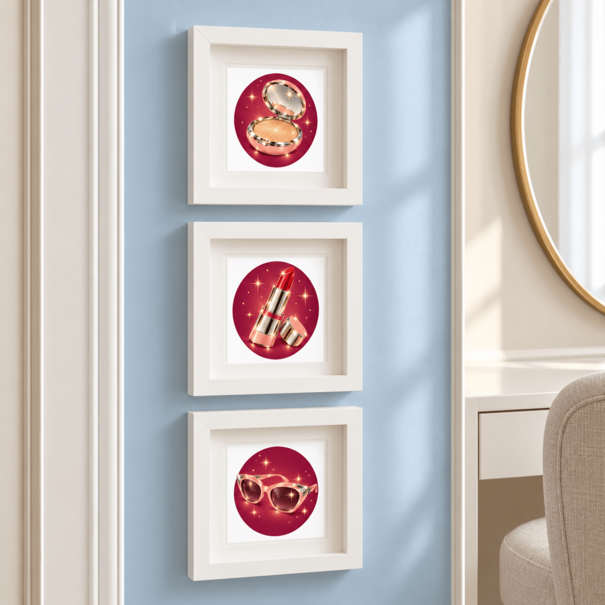Three white shadowbox frames on a blue wall feature Beauty Rituals of Chrome & Starlight | Mirabilia Relics by Mirabilia Boutique—art with a compact, lipsticks, and heart sunglasses, near a mirror and beige chair.